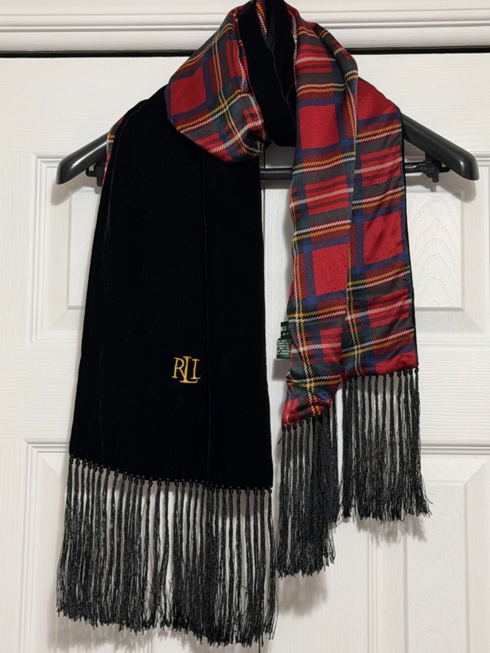 Lauren Ralph Lauren Reversible Scarf – Black Velvet & Tartan Silk
